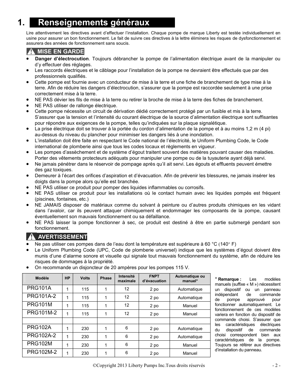 X renseignements généraux x | Liberty Pumps PRG-Series User Manual | Page 24 / 33