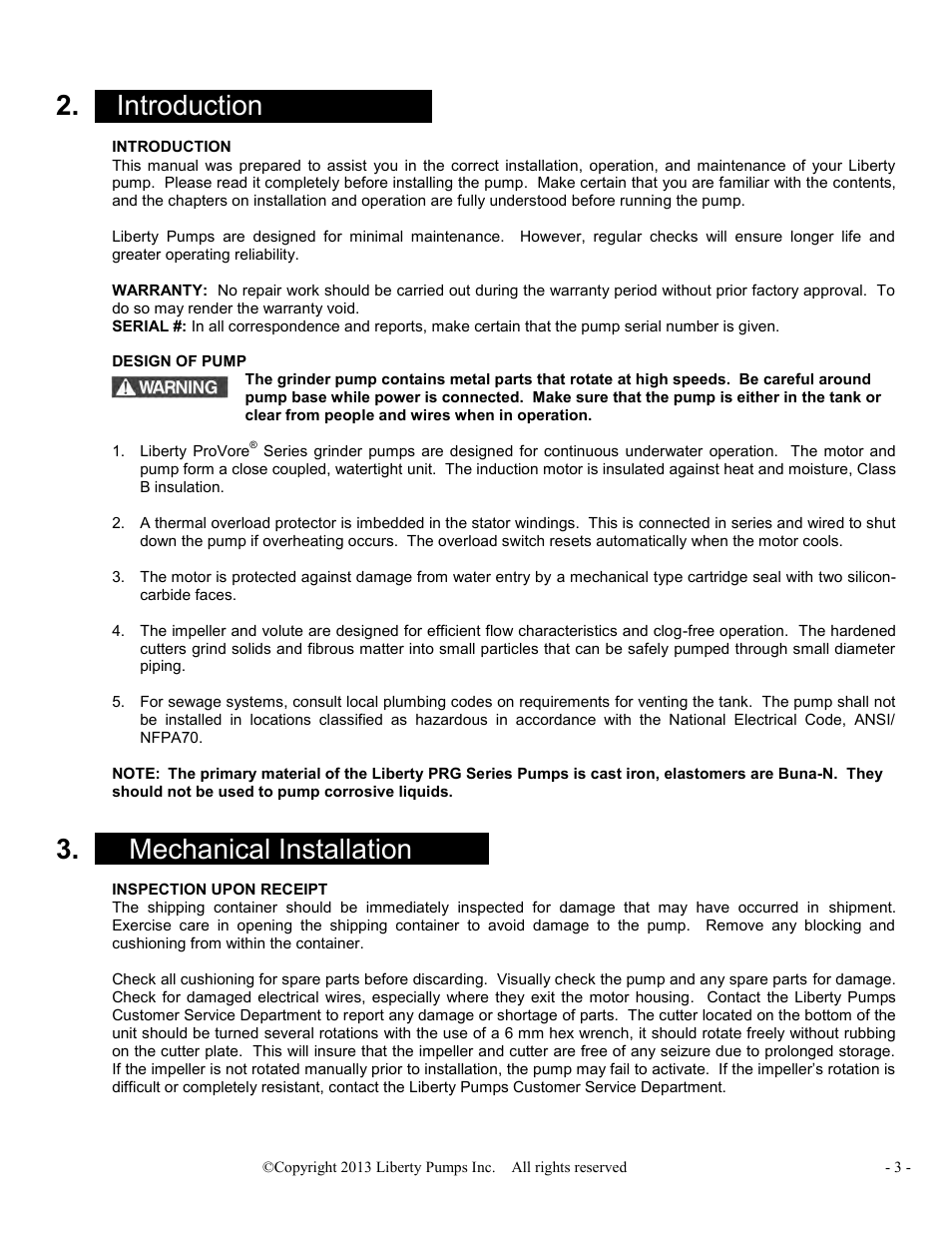 X introduction x, X mechanical installation x | Liberty Pumps PRG-Series User Manual | Page 3 / 33