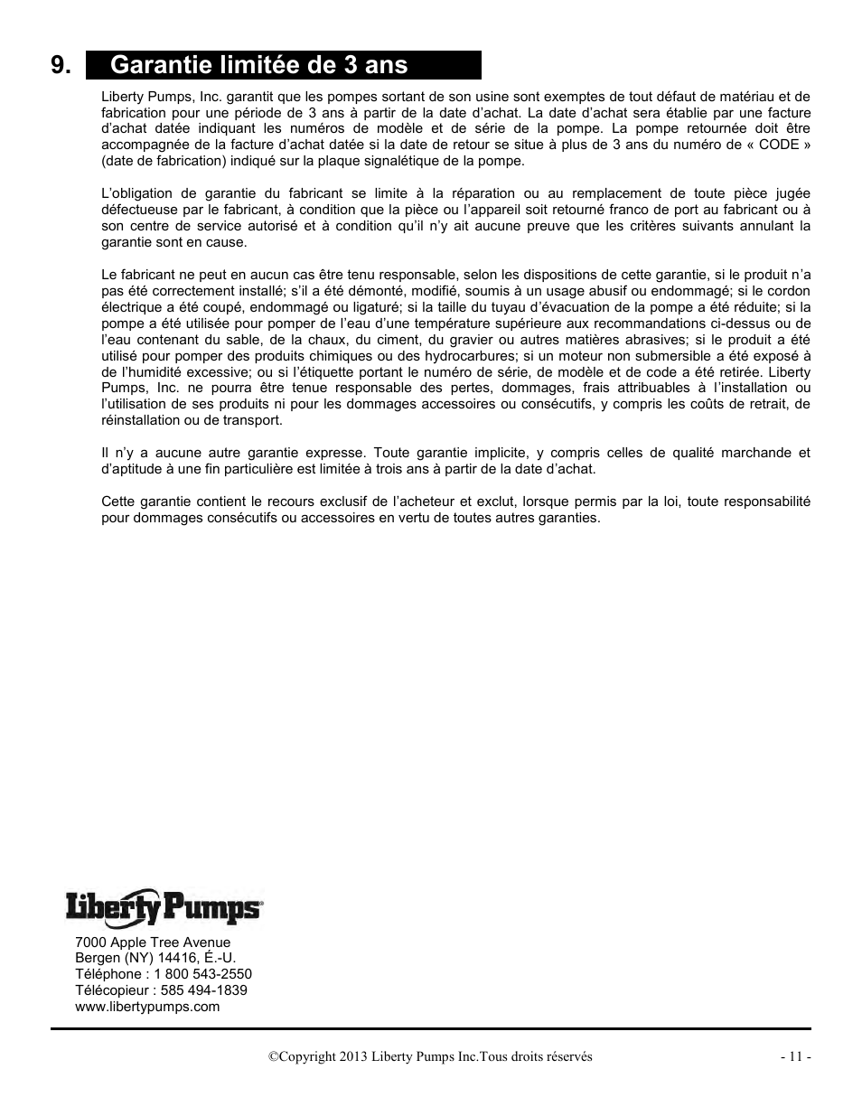 X garantie limitée de 3 ans x | Liberty Pumps PRG-Series User Manual | Page 33 / 33