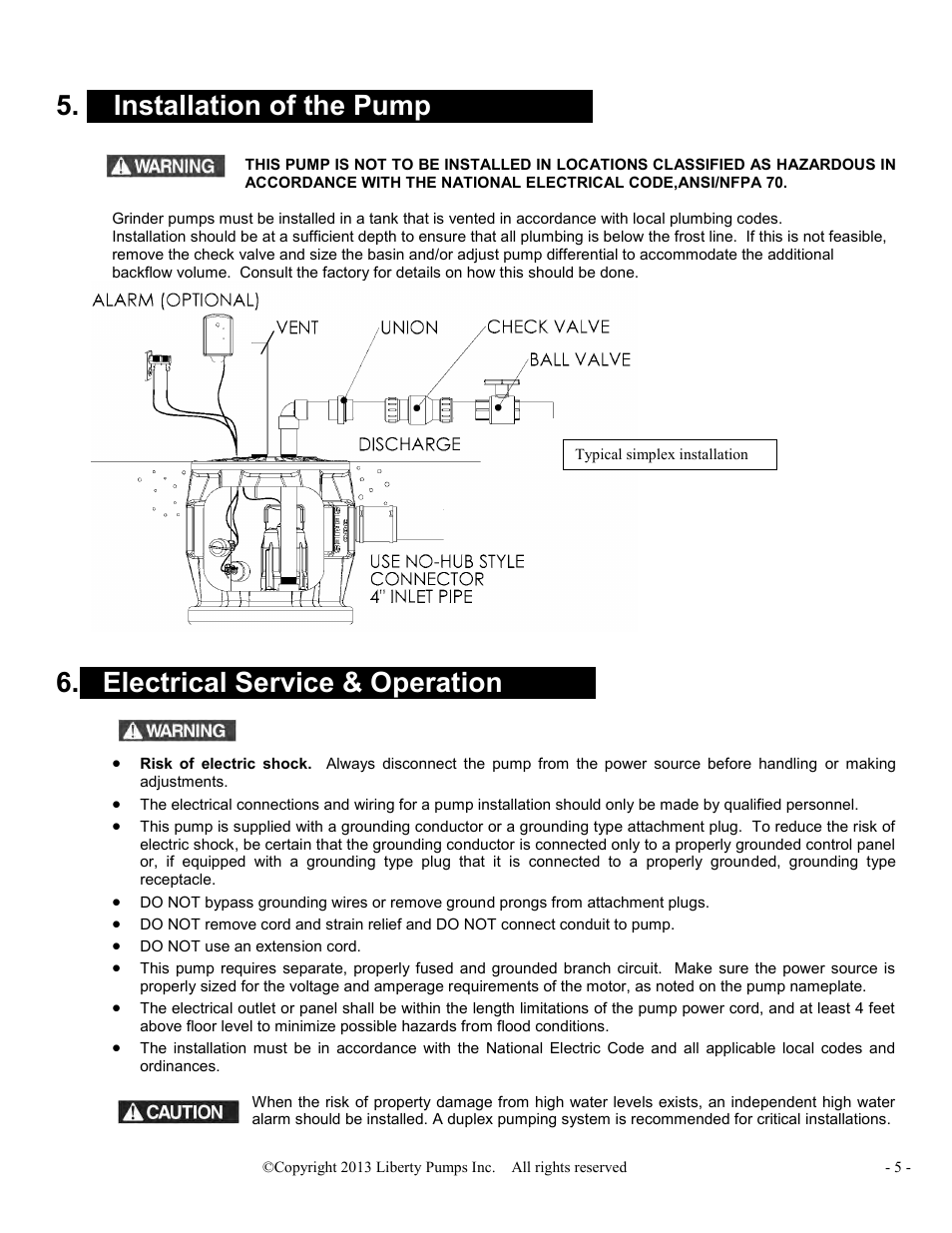 X installation of the pump x, X electrical service & operation x | Liberty Pumps PRG-Series User Manual | Page 5 / 33