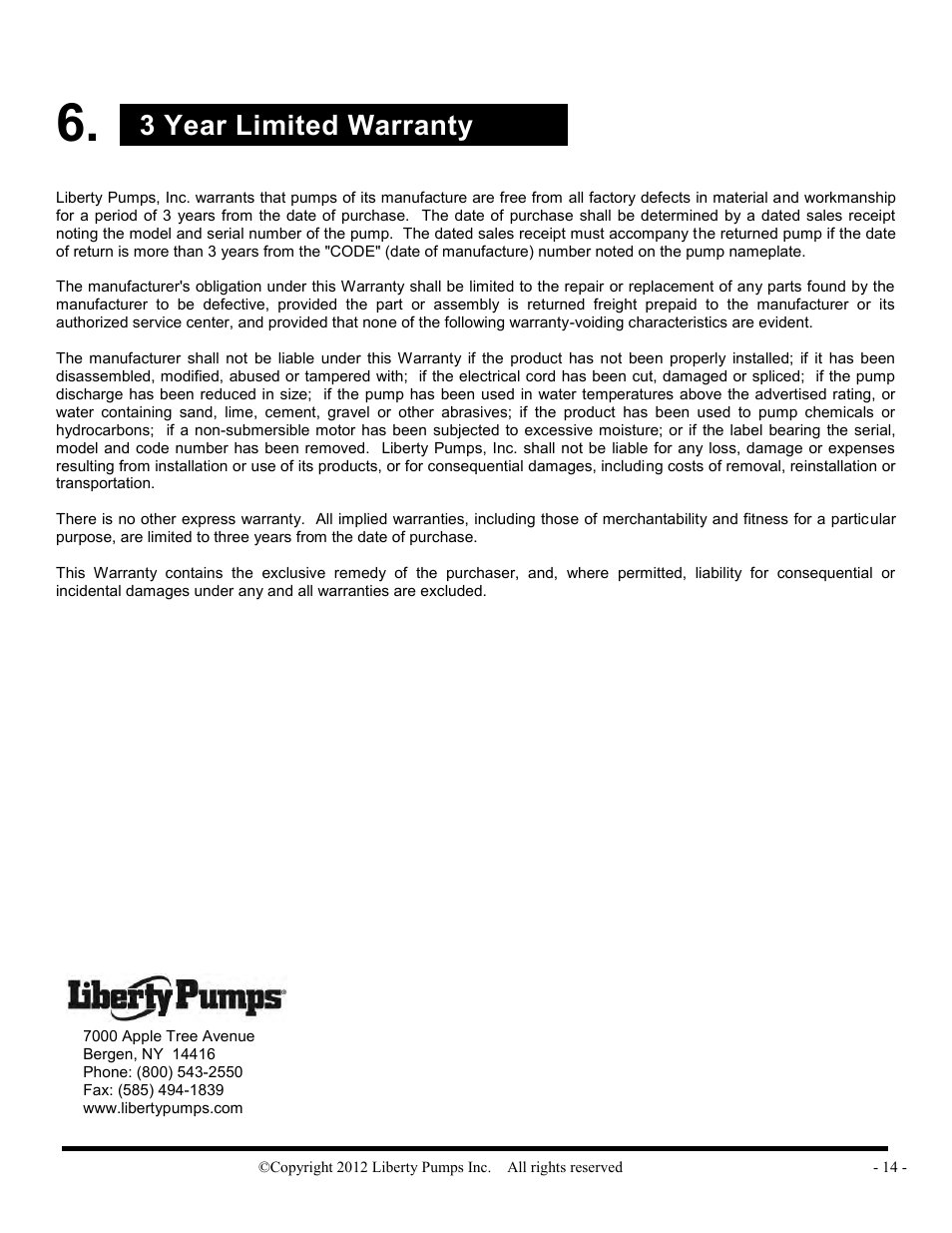 3 year limited warranty | Liberty Pumps LSGX200-Series Omnivore User Manual | Page 14 / 42