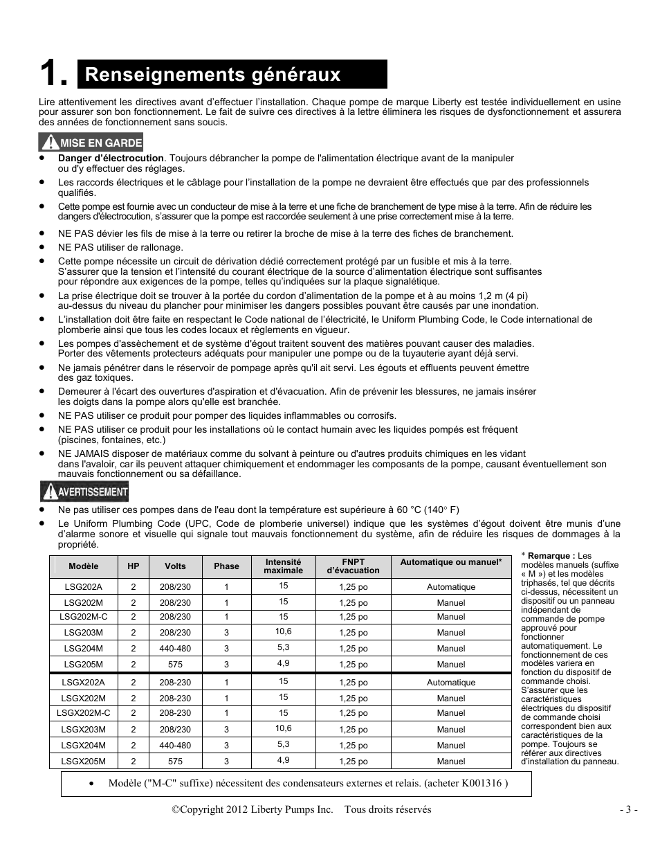 Renseignements généraux | Liberty Pumps LSGX200-Series Omnivore User Manual | Page 17 / 42