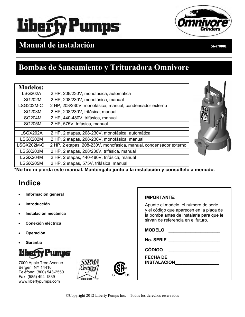 5647000i_es, Manual de instalación, Bombas de saneamiento y trituradora omnivore | Indice, Modelos | Liberty Pumps LSGX200-Series Omnivore User Manual | Page 29 / 42