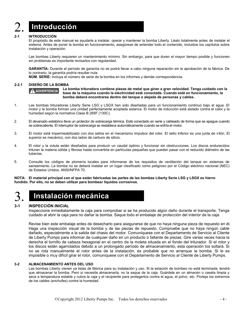 Introducción, Instalación mecánica | Liberty Pumps LSGX200-Series Omnivore User Manual | Page 32 / 42