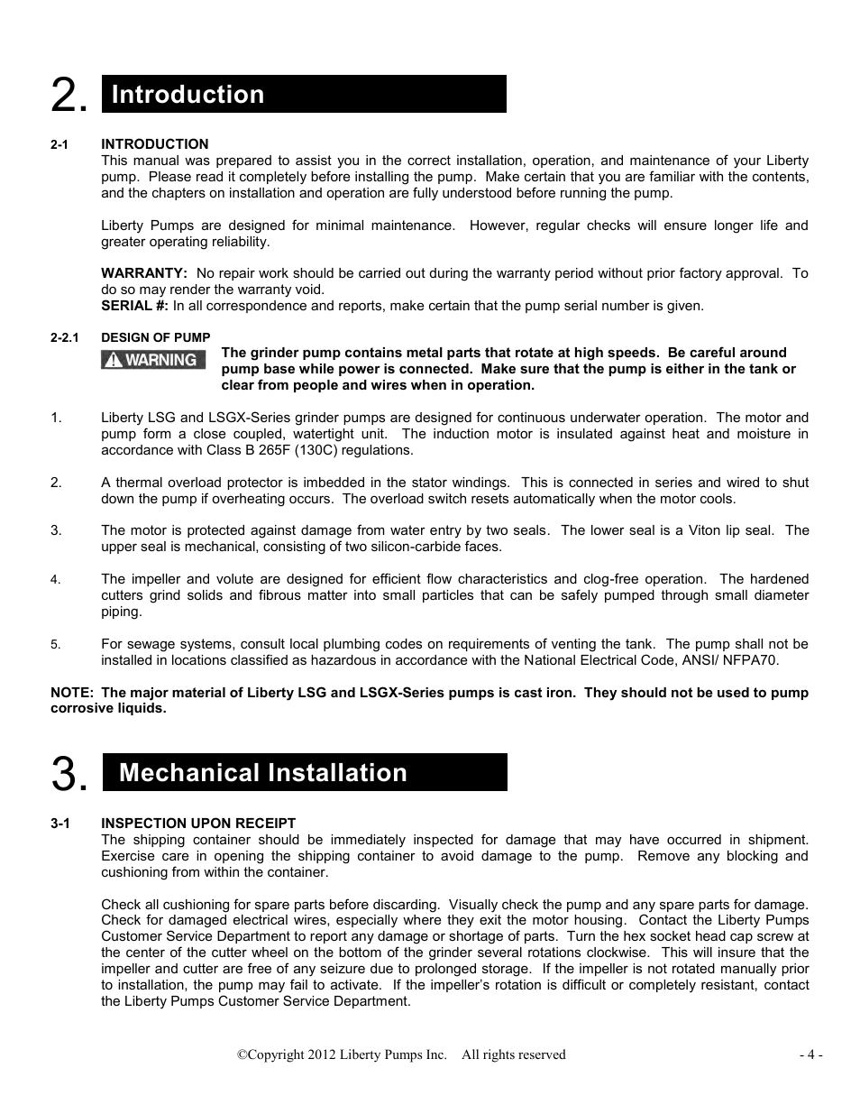 Introduction, Mechanical installation | Liberty Pumps LSGX200-Series Omnivore User Manual | Page 4 / 42