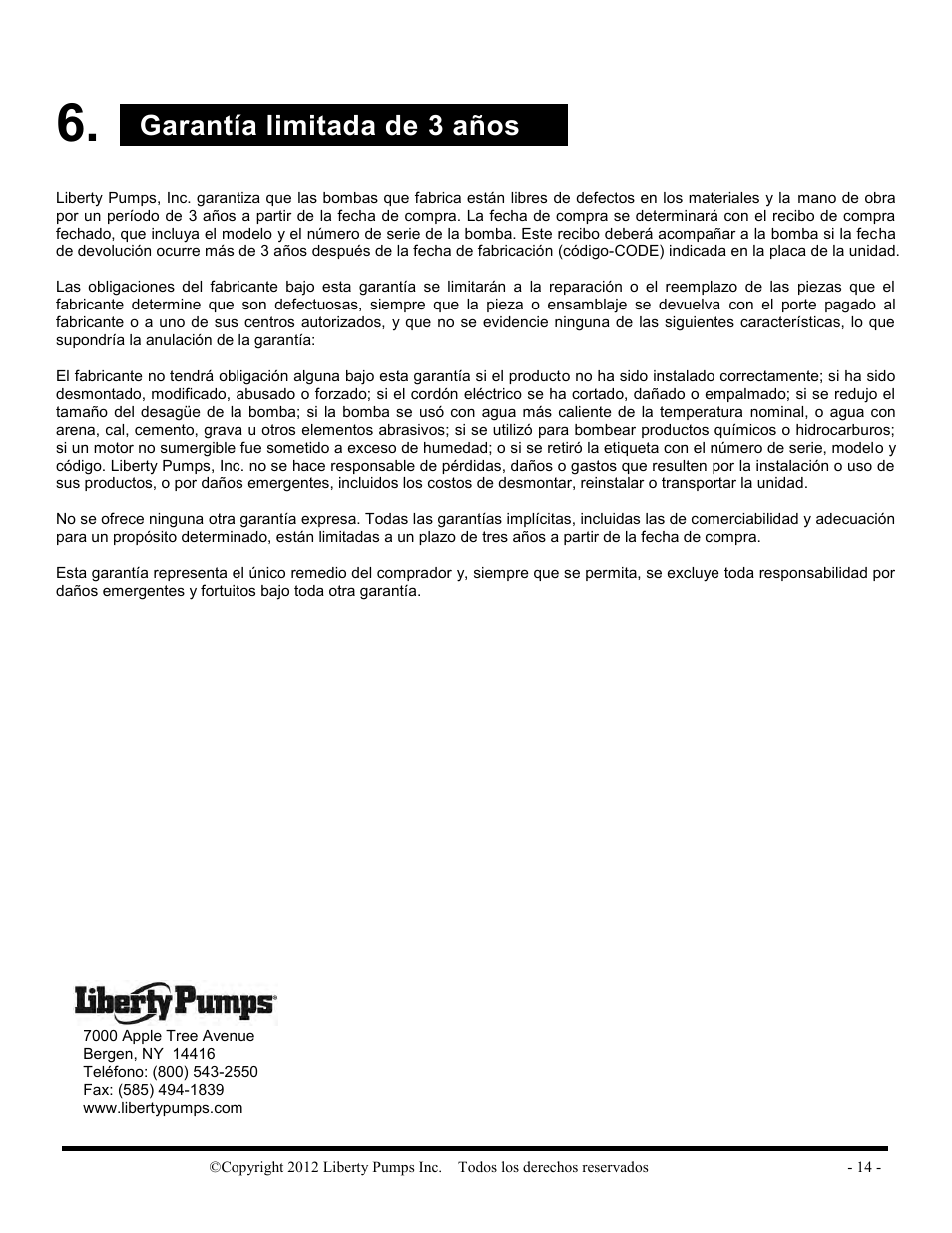 Garantía limitada de 3 años | Liberty Pumps LSGX200-Series Omnivore User Manual | Page 42 / 42