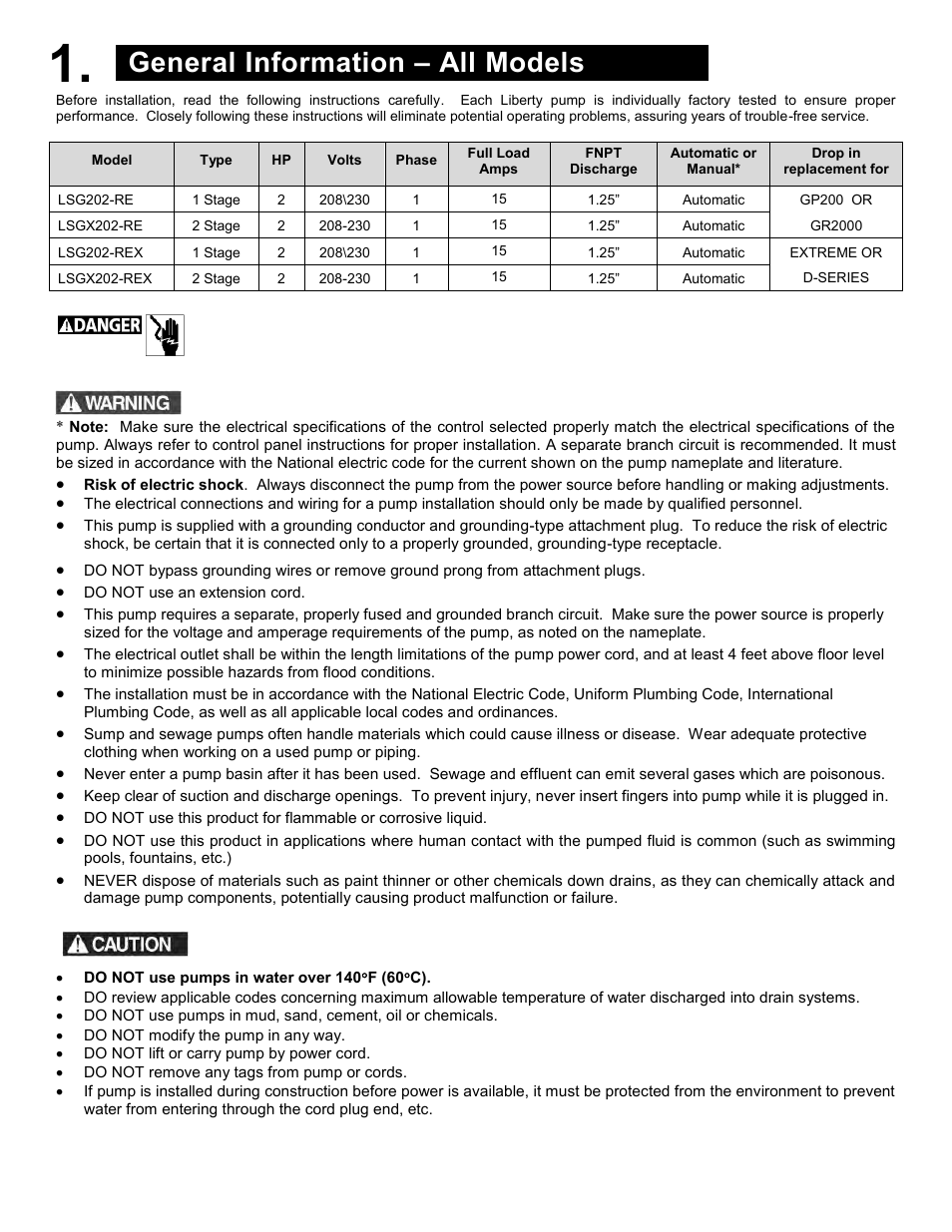 General information – all models | Liberty Pumps LSGX202-RE User Manual | Page 3 / 11