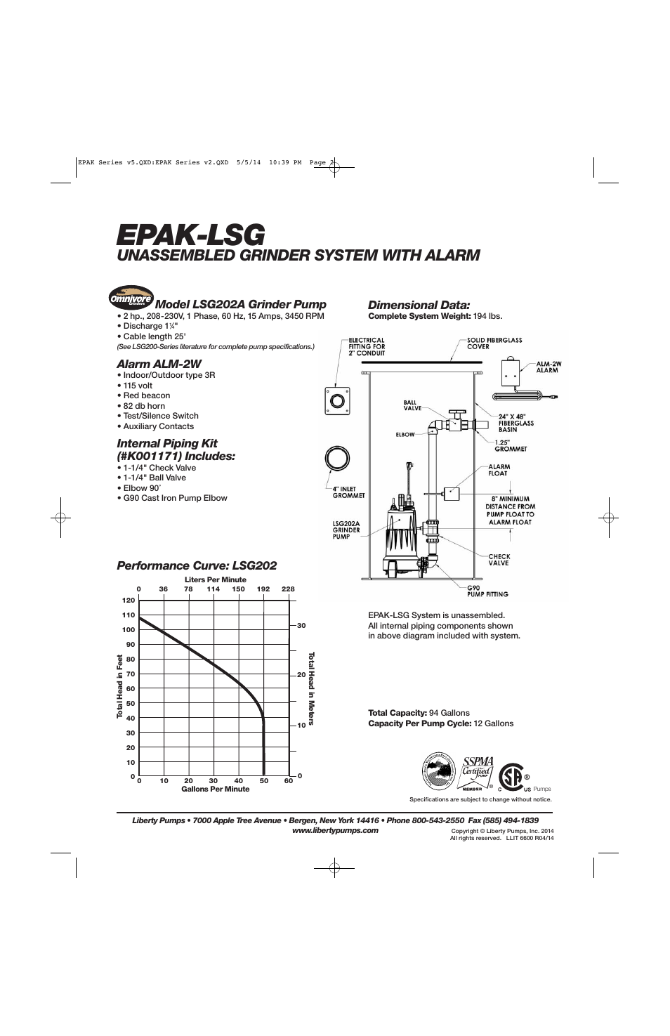 Epak-lsg, Unassembled grinder system with alarm, Model lsg202a grinder pump | Alarm alm-2w, Dimensional data, Performance curve: lsg202 | Liberty Pumps EPAK-LSG User Manual | Page 2 / 2