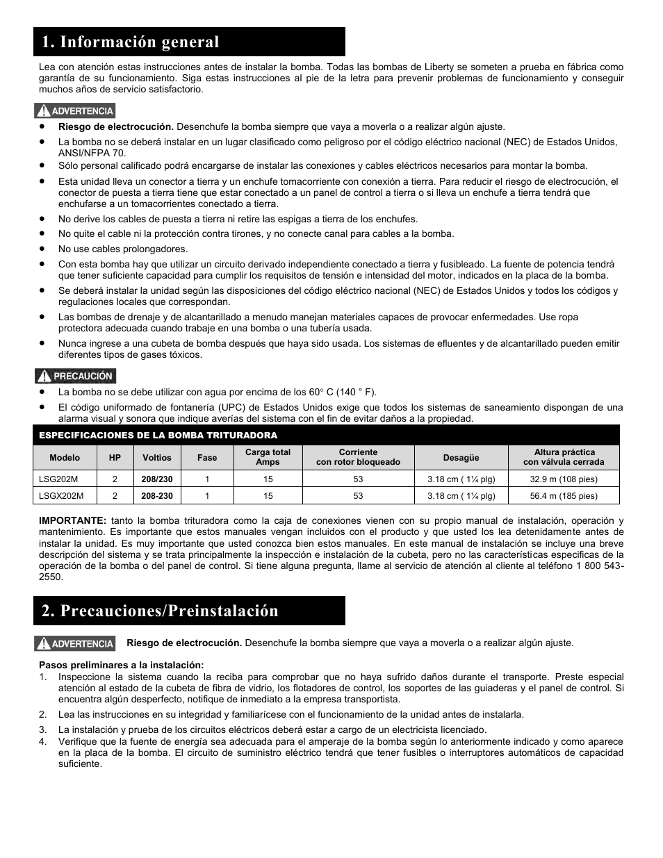 Información general 2. precauciones/preinstalación | Liberty Pumps 2448-Series User Manual | Page 6 / 12