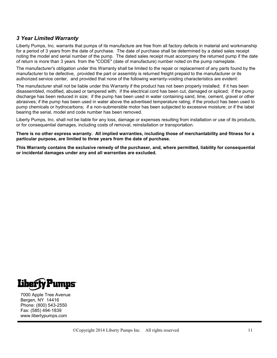 3 year limited warranty | Liberty Pumps Engineered Pump Systems (EPS) User Manual | Page 11 / 11