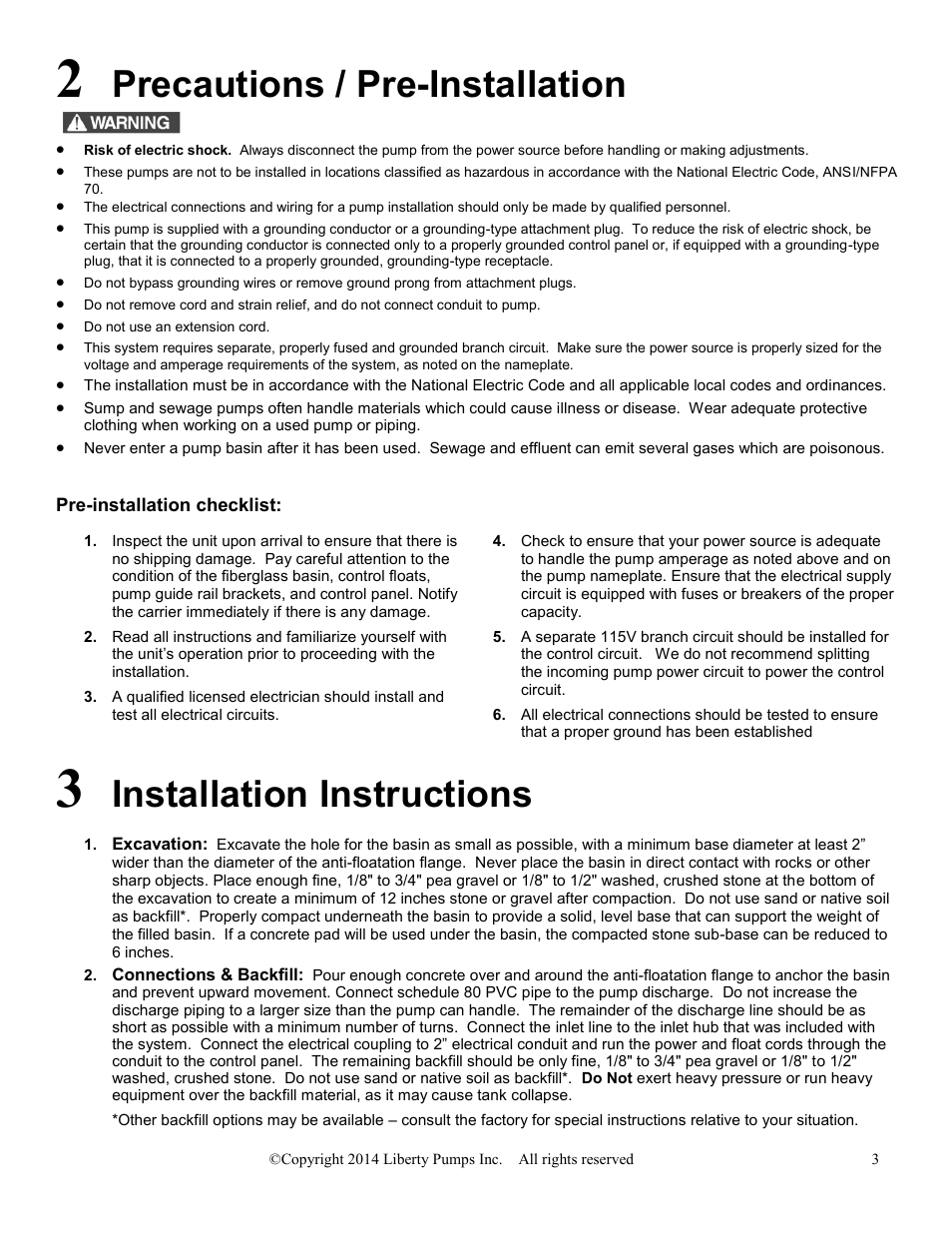 Precautions / pre-installation, Installation instructions | Liberty Pumps Engineered Pump Systems (EPS) User Manual | Page 3 / 11