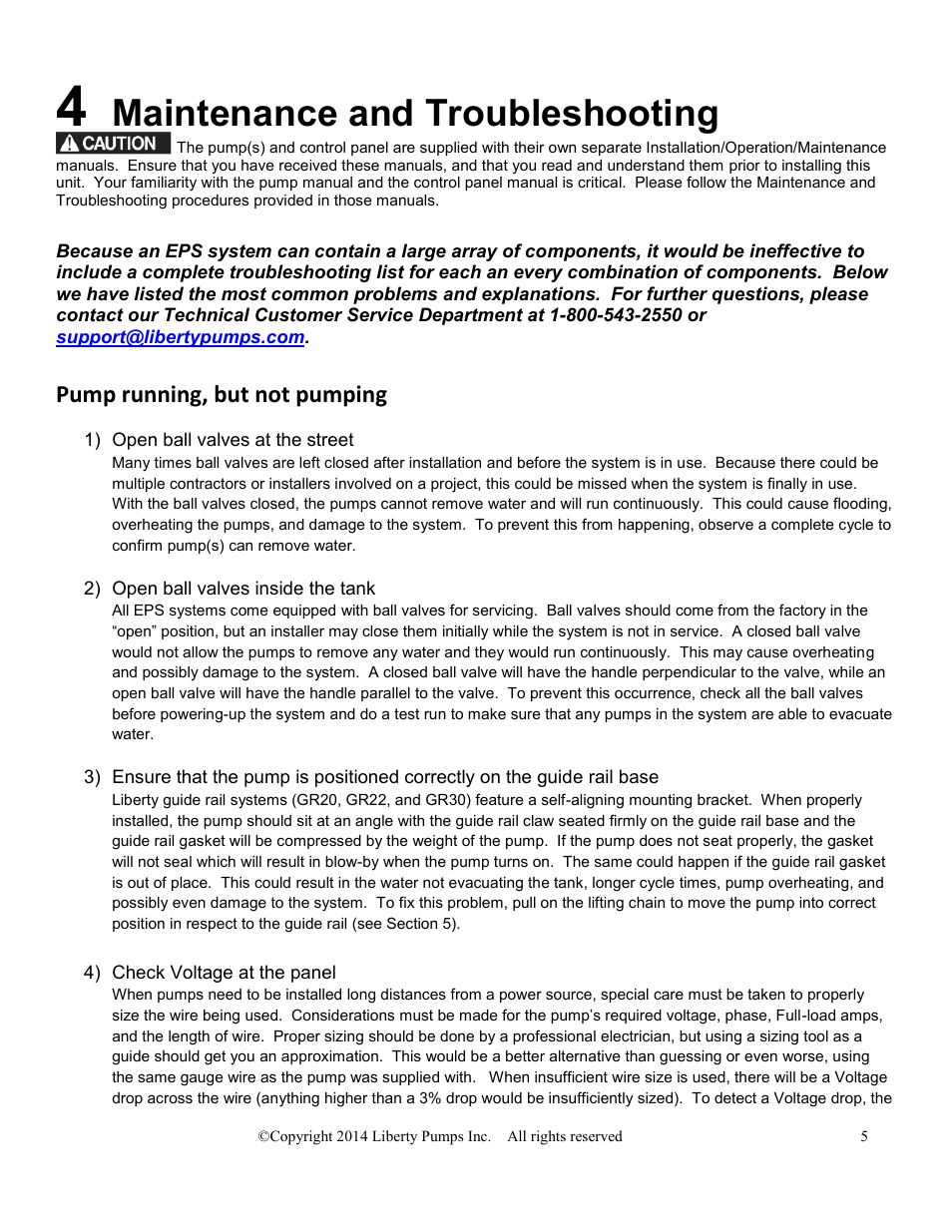 Maintenance and troubleshooting, Pump running, but not pumping | Liberty Pumps Engineered Pump Systems (EPS) User Manual | Page 5 / 11