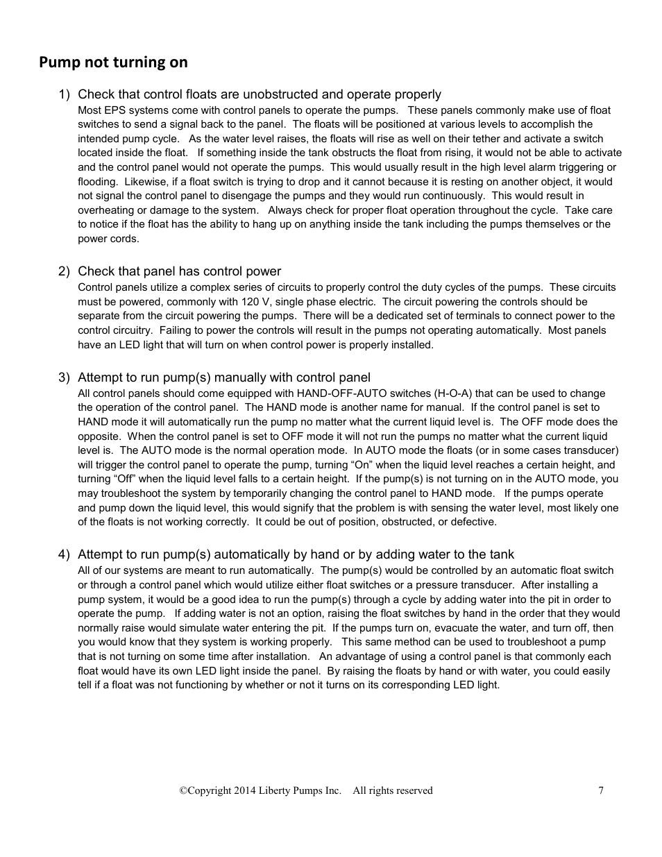 Pump not turning on | Liberty Pumps Engineered Pump Systems (EPS) User Manual | Page 7 / 11