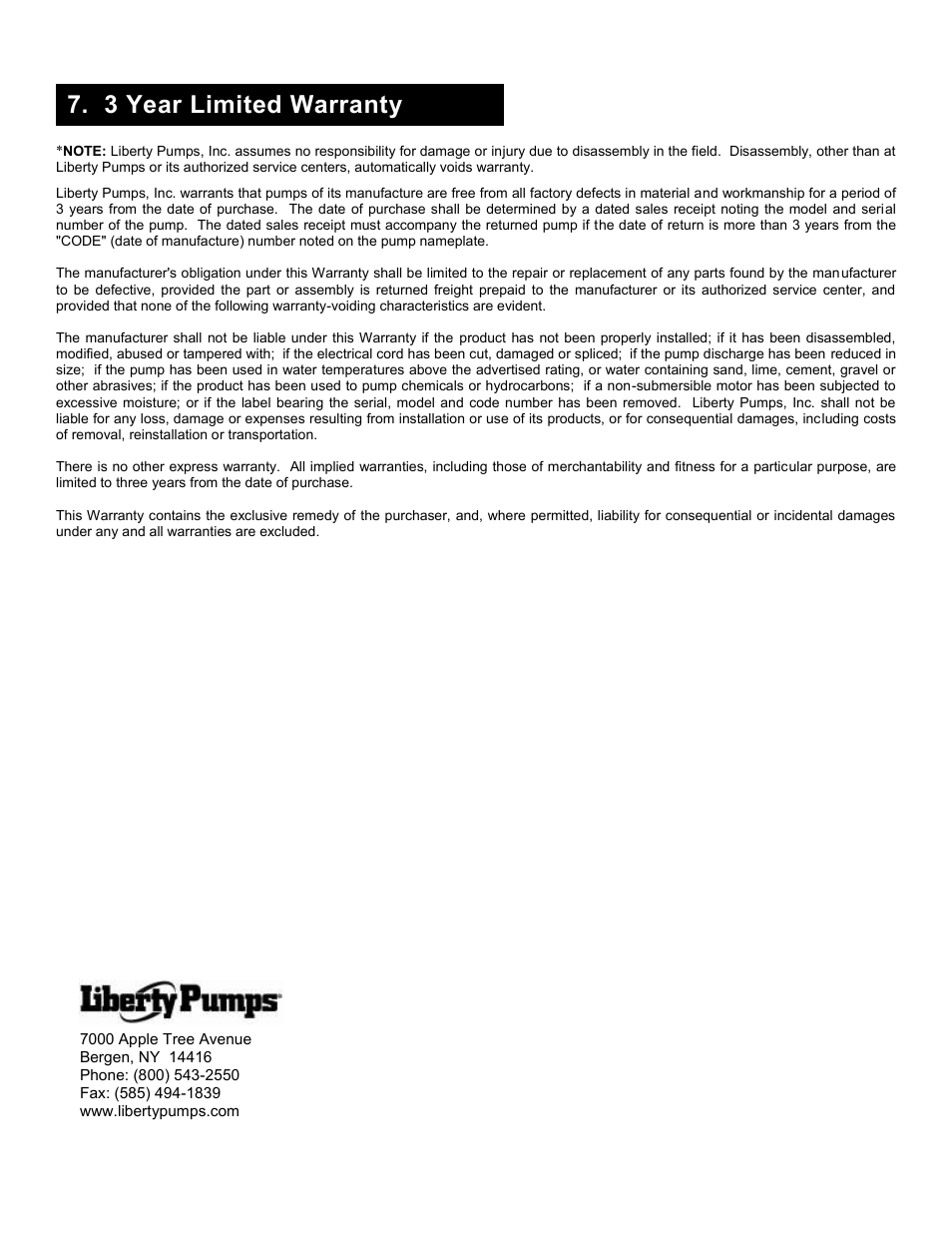 3 year limited warranty | Liberty Pumps Ascent II User Manual | Page 18 / 55