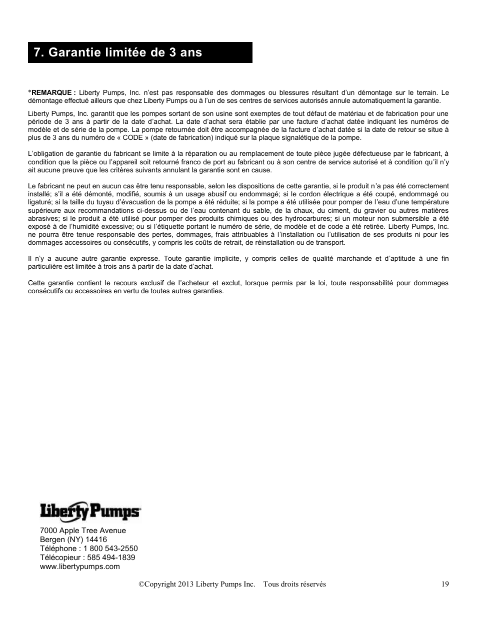 Garantie limitée de 3 ans | Liberty Pumps Ascent II User Manual | Page 55 / 55