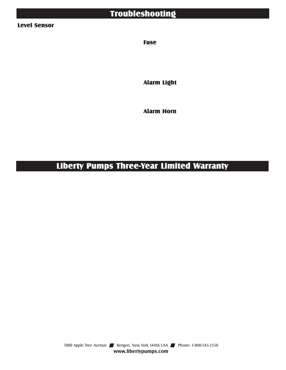 Troubleshooting, Liberty pumps three-year limited warranty | Liberty Pumps IP-Series User Manual | Page 6 / 6