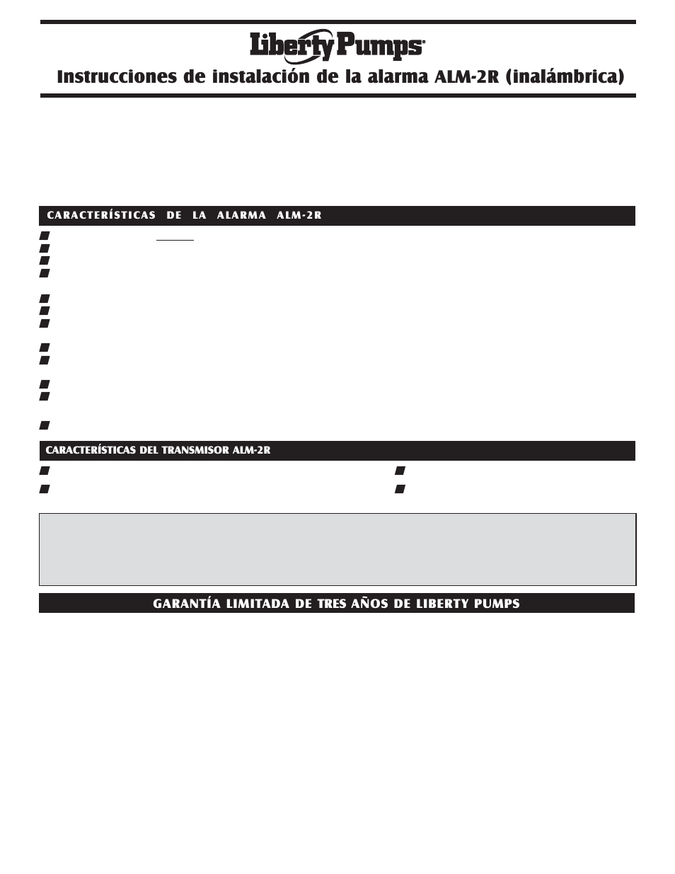 Garantía limitada de tres años de liberty pumps | Liberty Pumps ALM-2R User Manual | Page 5 / 12