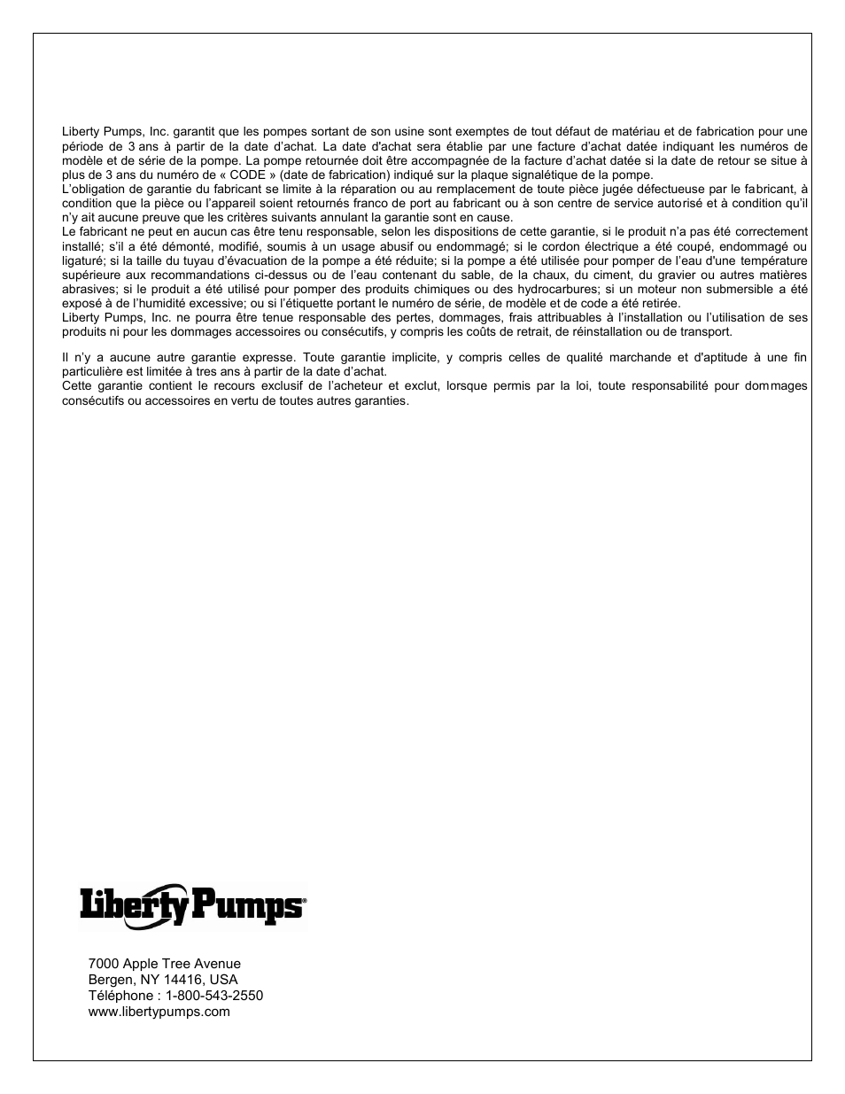 Liberty pumps, garantie limitée de 3 ans | Liberty Pumps ALM-P1 User Manual | Page 12 / 12