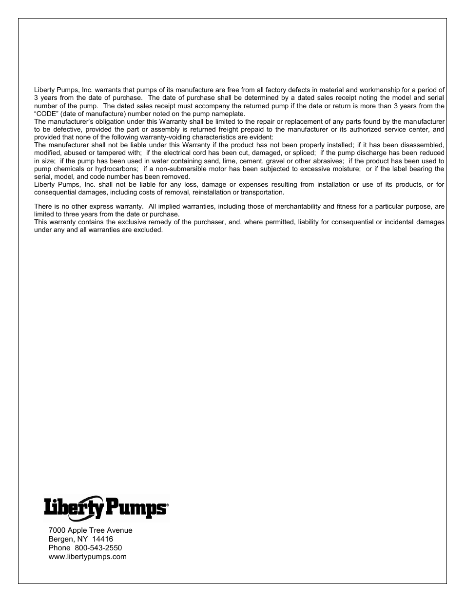 Liberty pumps, 3 year limited warranty | Liberty Pumps ALM-P1 User Manual | Page 4 / 12