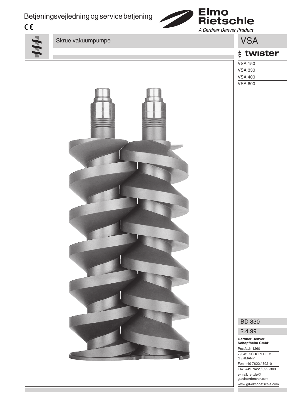 Dansk, Betjeningsvejledning og service betjening, Skrue vakuumpumpe | Elmo Rietschle S-VSA User Manual | Page 39 / 68