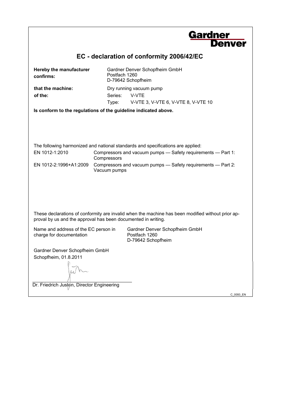 Declaration of conformity | Elmo Rietschle V-VTE 3/6/8/10 User Manual | Page 27 / 28