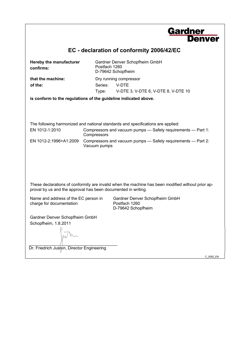 Declaration of conformity | Elmo Rietschle V-DTE 3/6/8/10 User Manual | Page 27 / 28