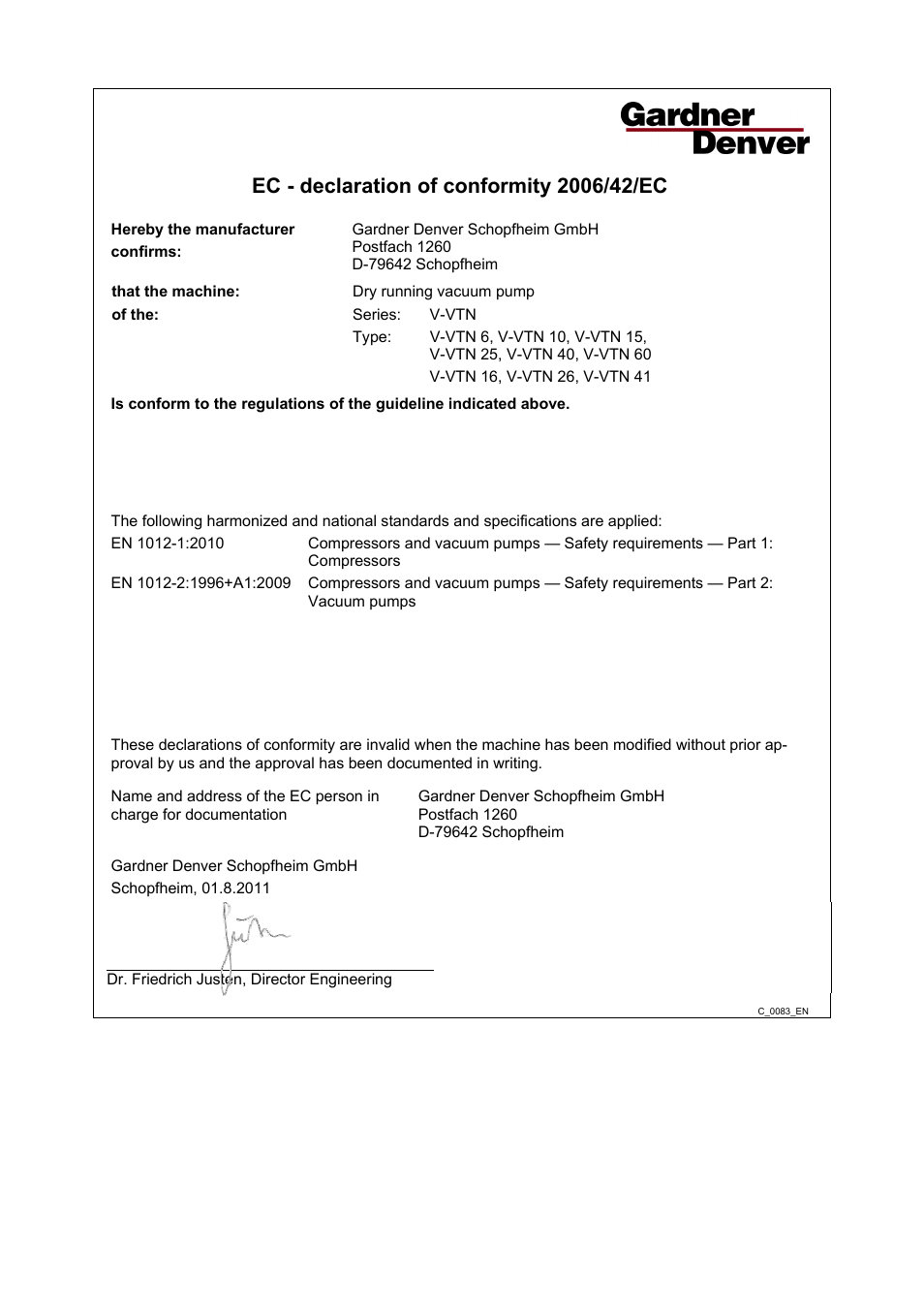 Declaration of conformity | Elmo Rietschle V-VTN 16/26/41 User Manual | Page 29 / 30