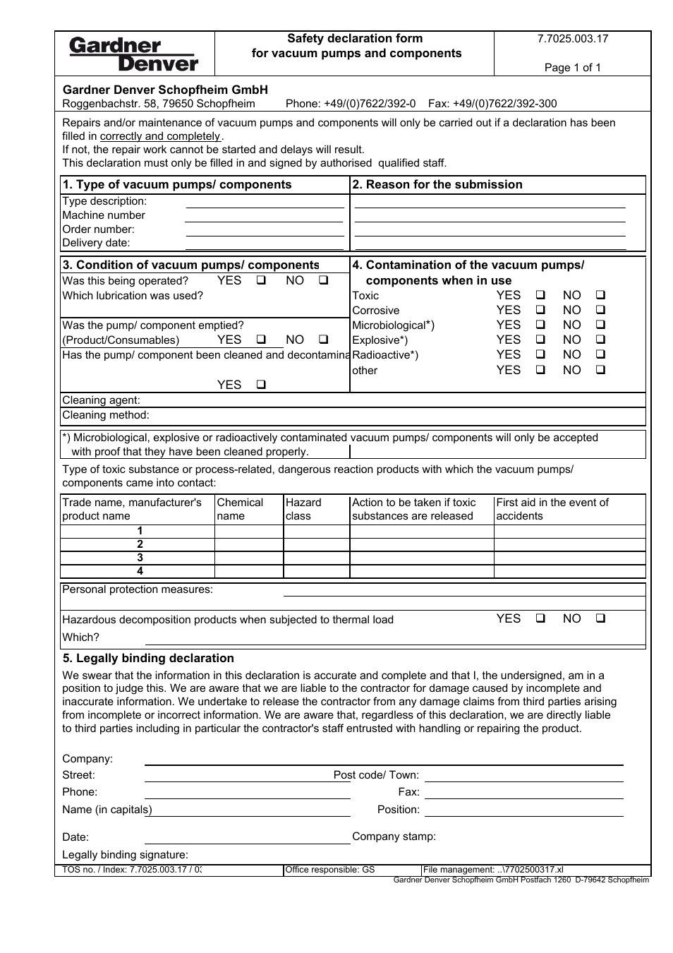 Safety declaration form | Elmo Rietschle V-DTN 6/10/15/25/40 User Manual | Page 30 / 30