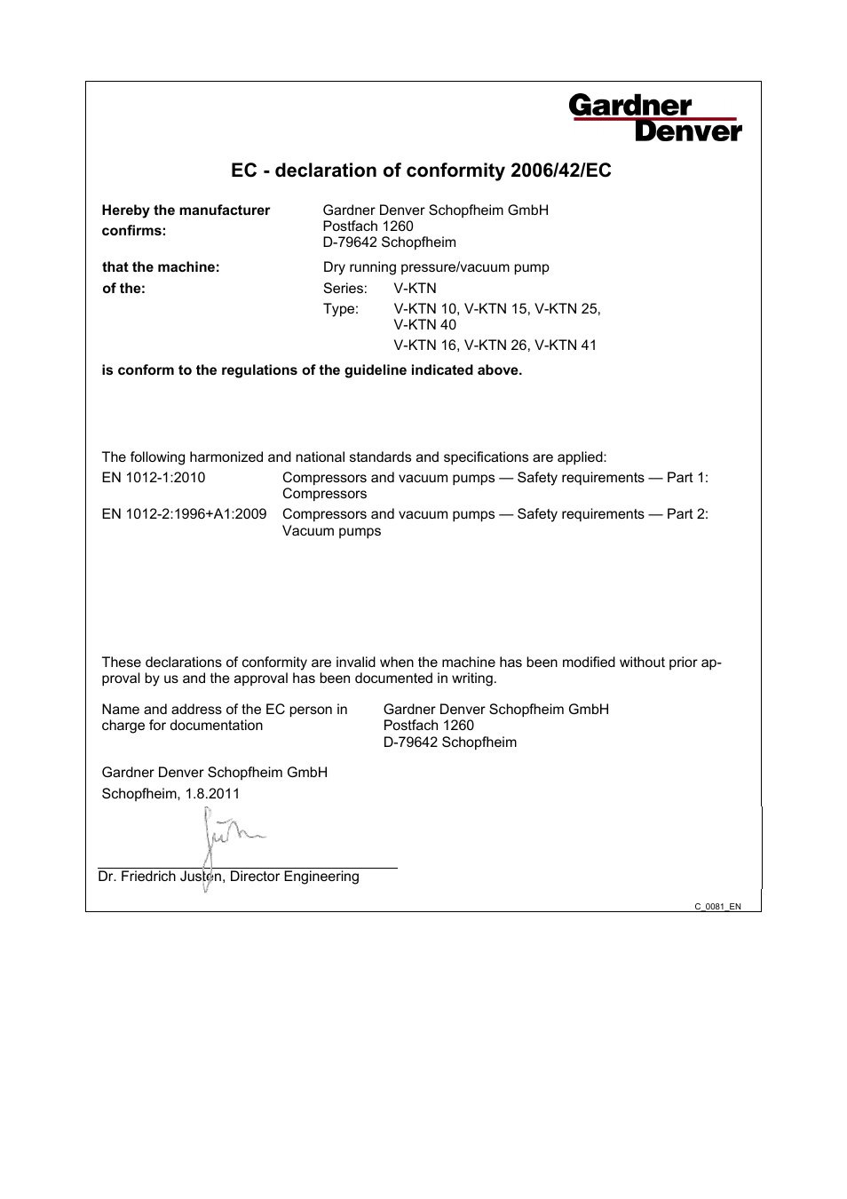Declaration of conformity | Elmo Rietschle V-KTN 16/26/41 User Manual | Page 29 / 30