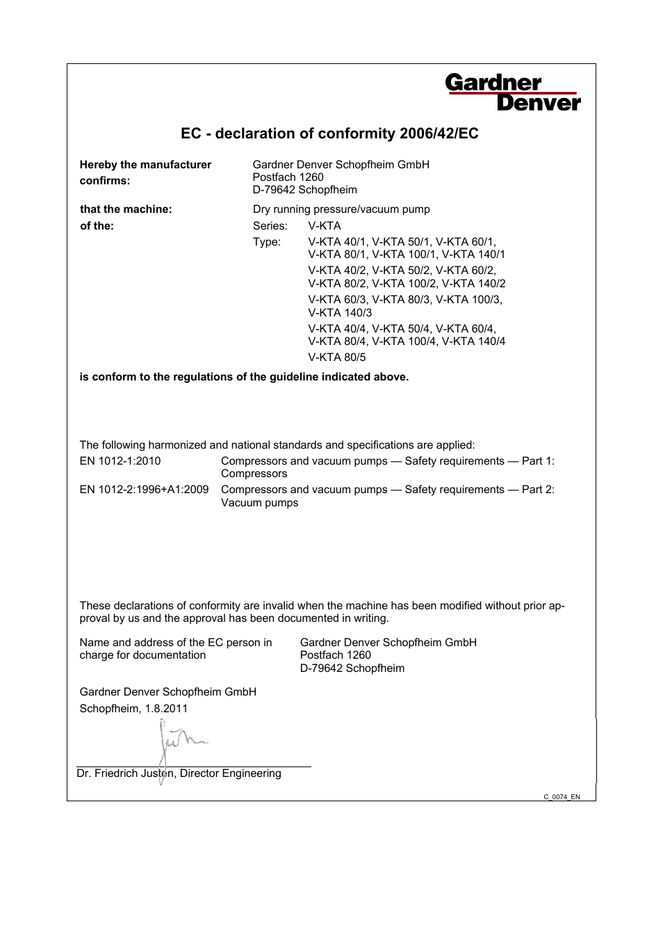 Declaration of conformity | Elmo Rietschle V-KTA 140/4 User Manual | Page 31 / 32