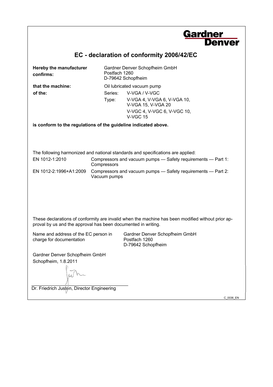 Declaration of conformity | Elmo Rietschle V-VGC 4/6 User Manual | Page 29 / 30