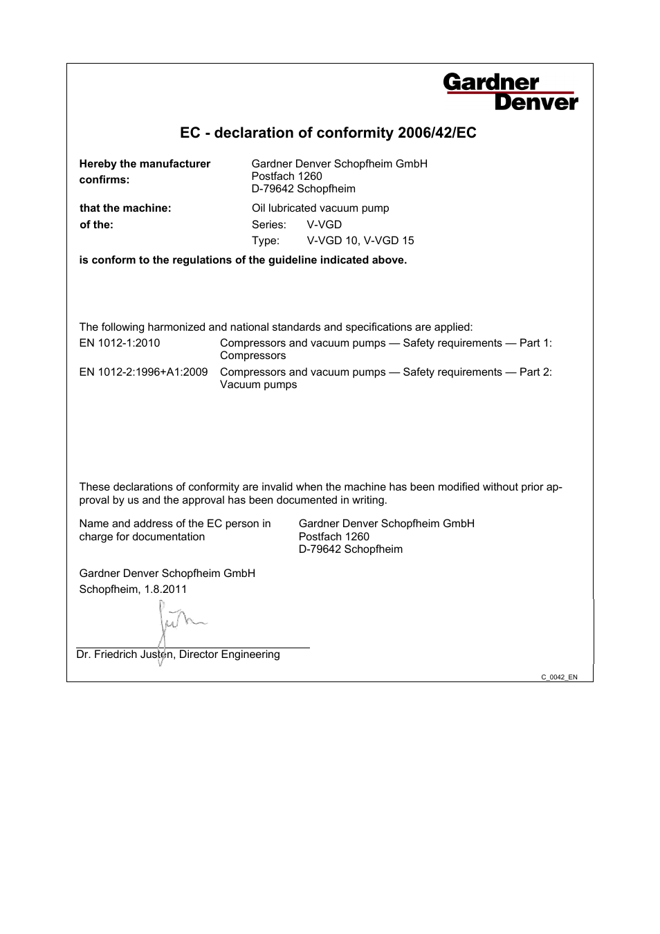 Declaration of conformity | Elmo Rietschle V-VGD 10/15 User Manual | Page 31 / 32