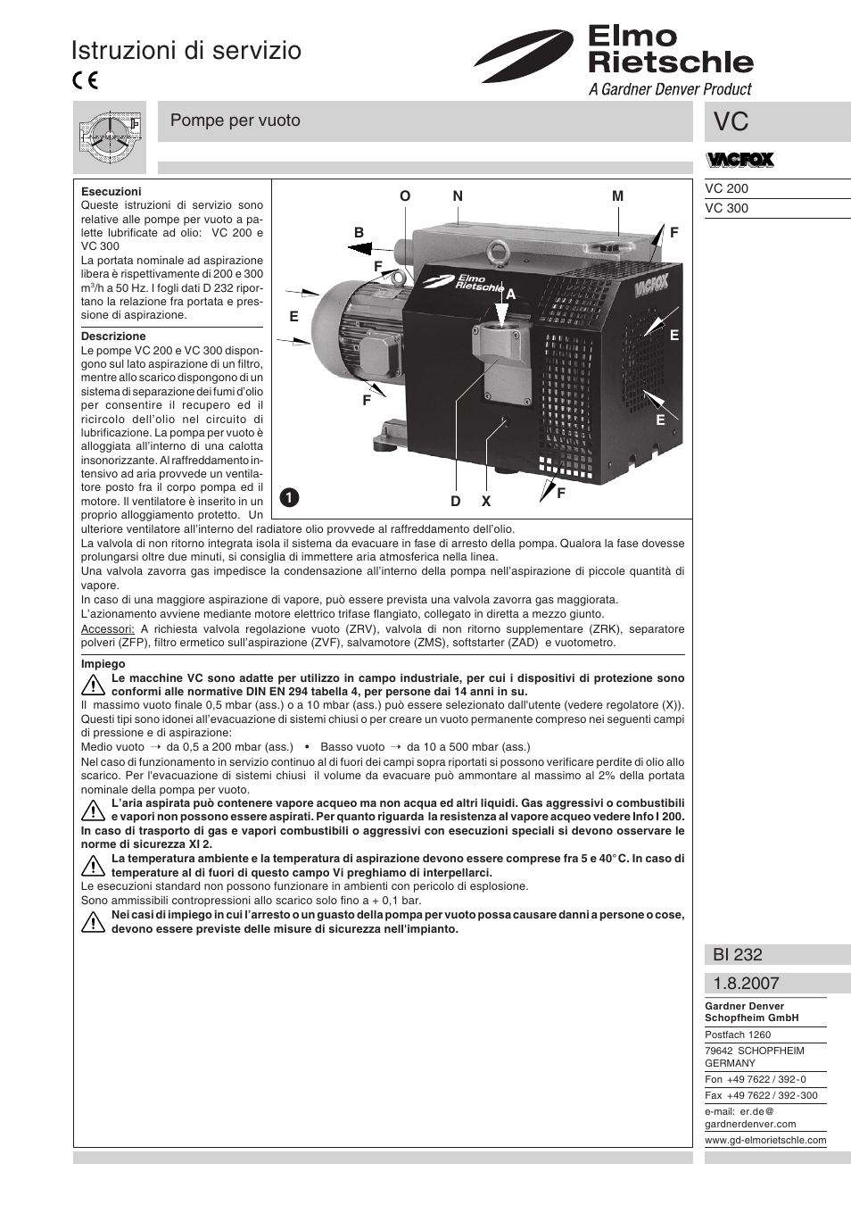 Italiano, Istruzioni di servizio, Pompe per vuoto | Elmo Rietschle VC 200 User Manual | Page 13 / 40