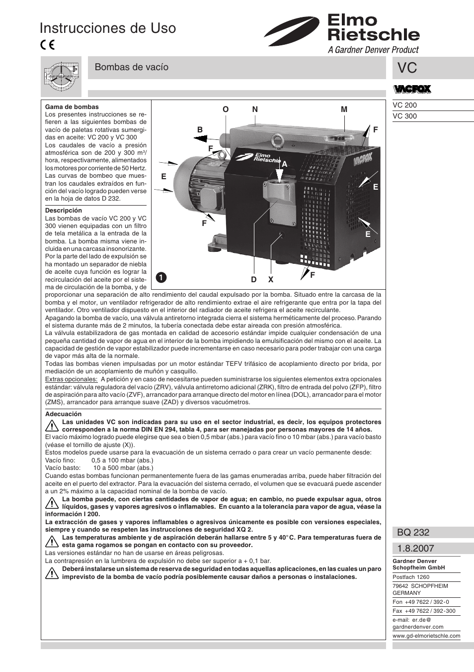 Español, Instrucciones de uso, Bombas de vacío | Elmo Rietschle VC 200 User Manual | Page 29 / 40