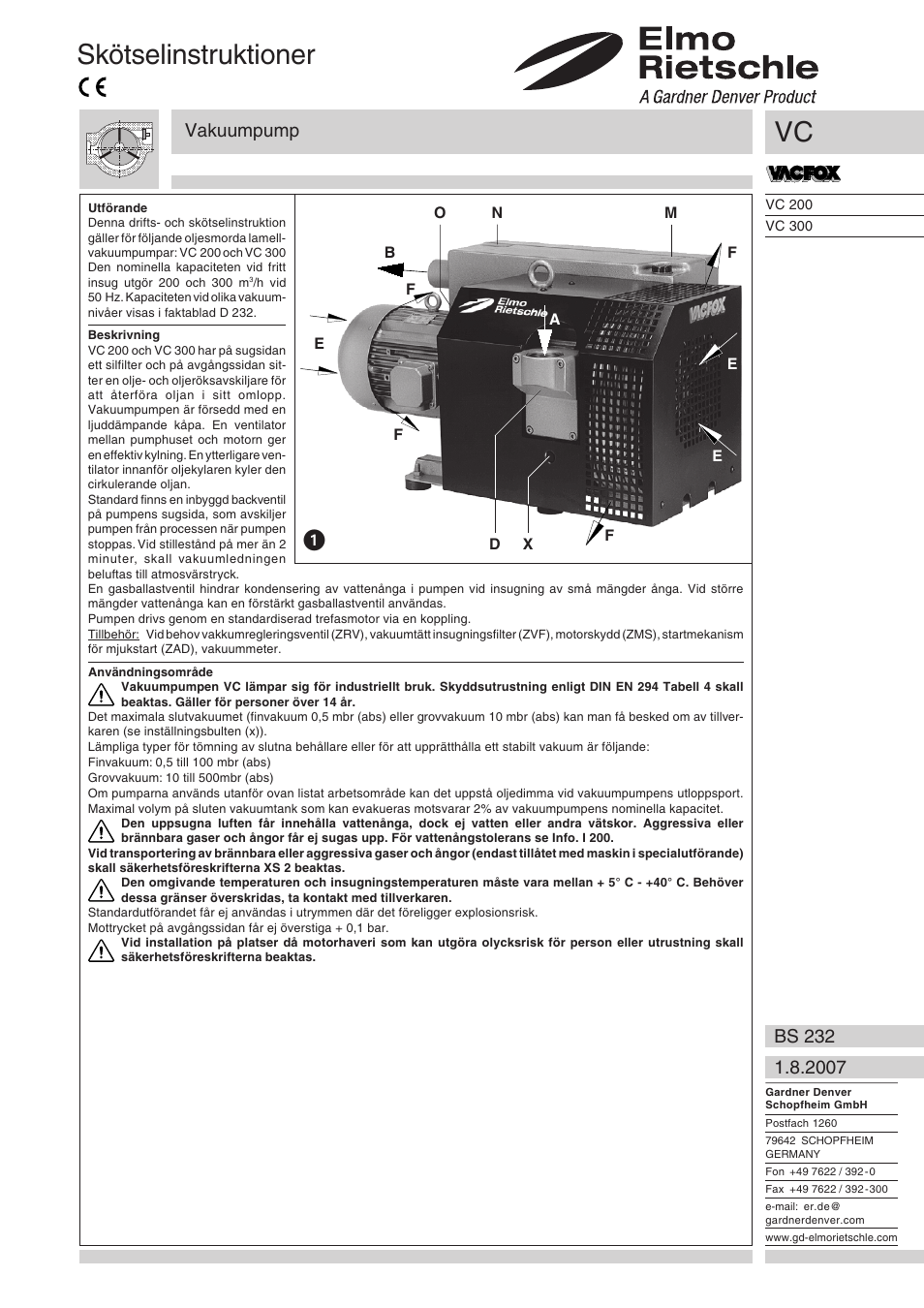 Svenska, Skötselinstruktioner, Vakuumpump | Elmo Rietschle VC 200 User Manual | Page 33 / 40