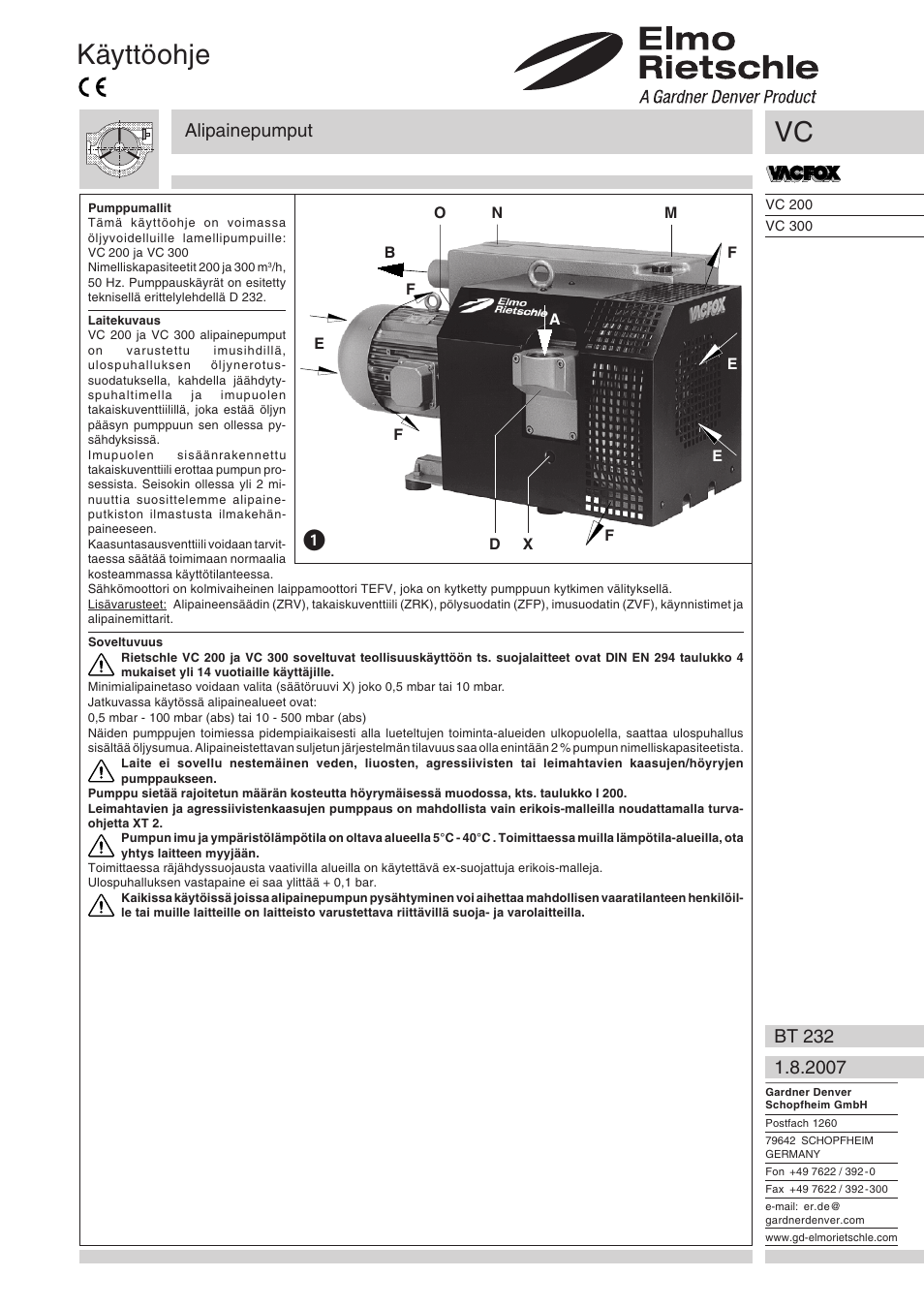 Suomi, Käyttöohje, Alipainepumput | Elmo Rietschle VC 200 User Manual | Page 37 / 40