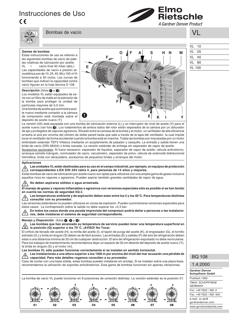 Español, Instrucciones de uso, Bombas de vacío | Elmo Rietschle V-VL 10/25/40/80/100 User Manual | Page 25 / 32