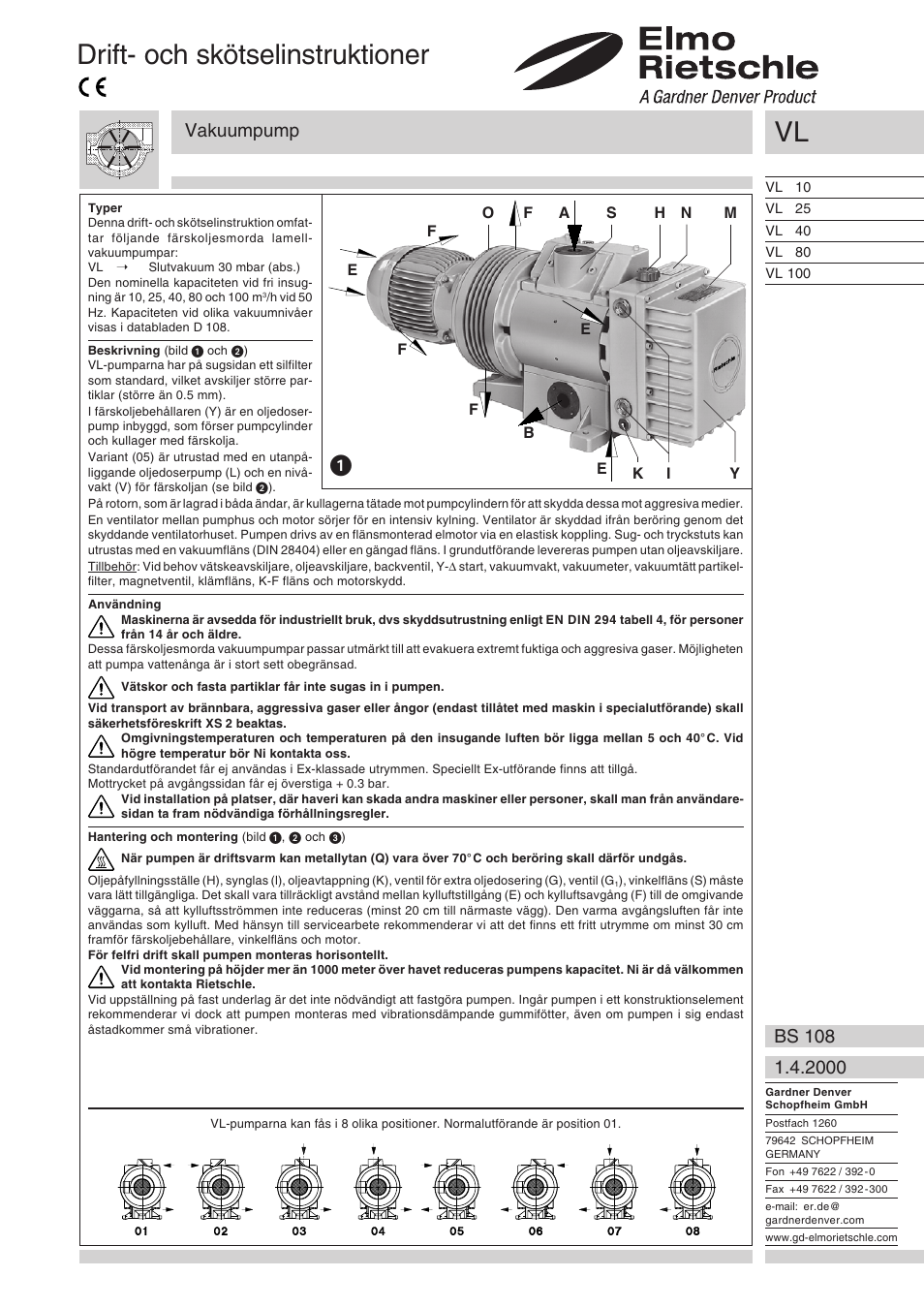 Svenska, Drift- och skötselinstruktioner, Vakuumpump | Elmo Rietschle V-VL 10/25/40/80/100 User Manual | Page 29 / 32