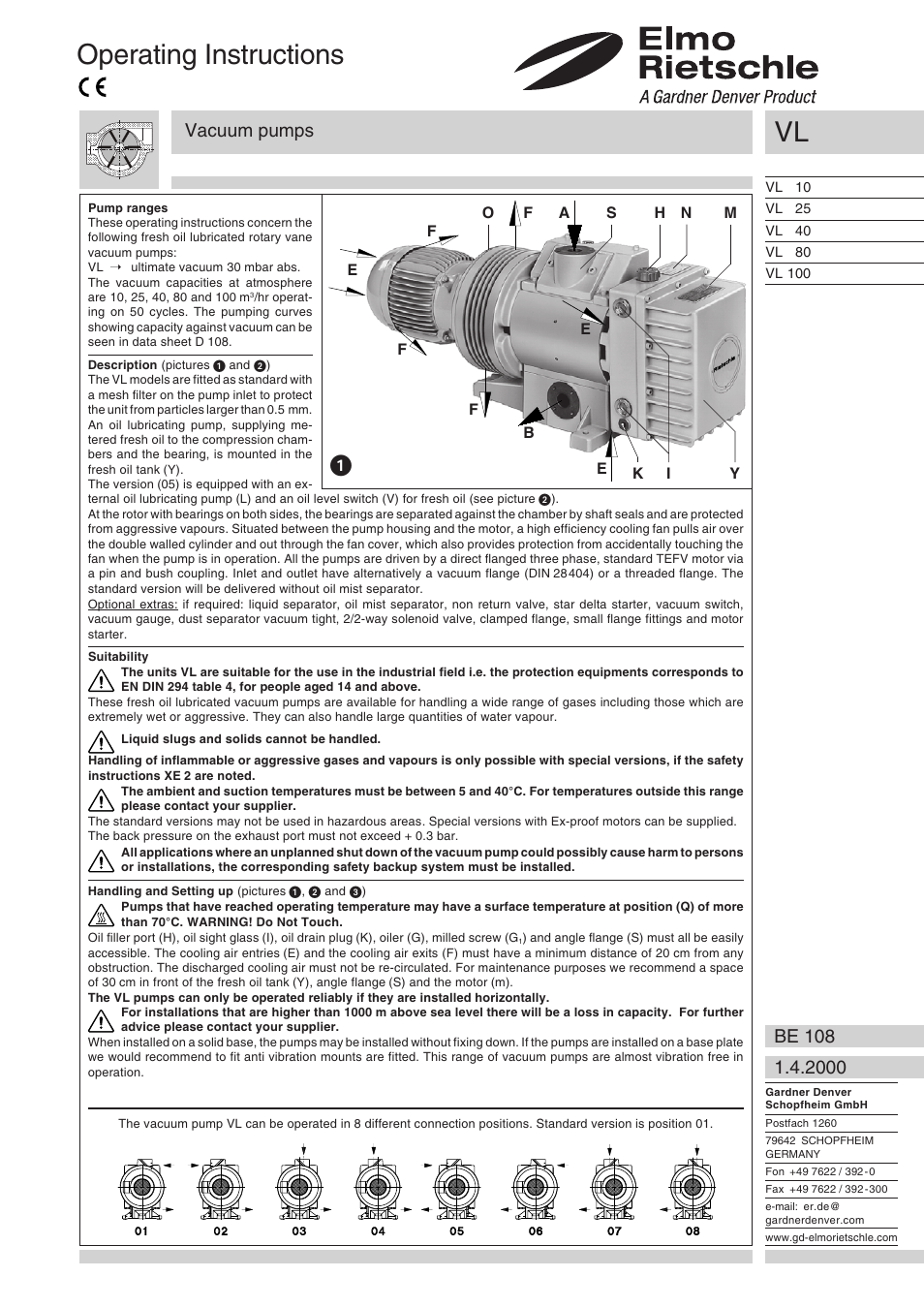 English, Operating instructions, Vacuum pumps | Elmo Rietschle V-VL 10/25/40/80/100 User Manual | Page 5 / 32
