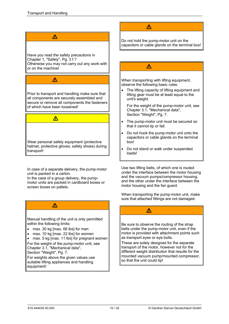 5transport and handling  warning, Warning, Caution | Elmo Rietschle L-BV3 User Manual | Page 10 / 32