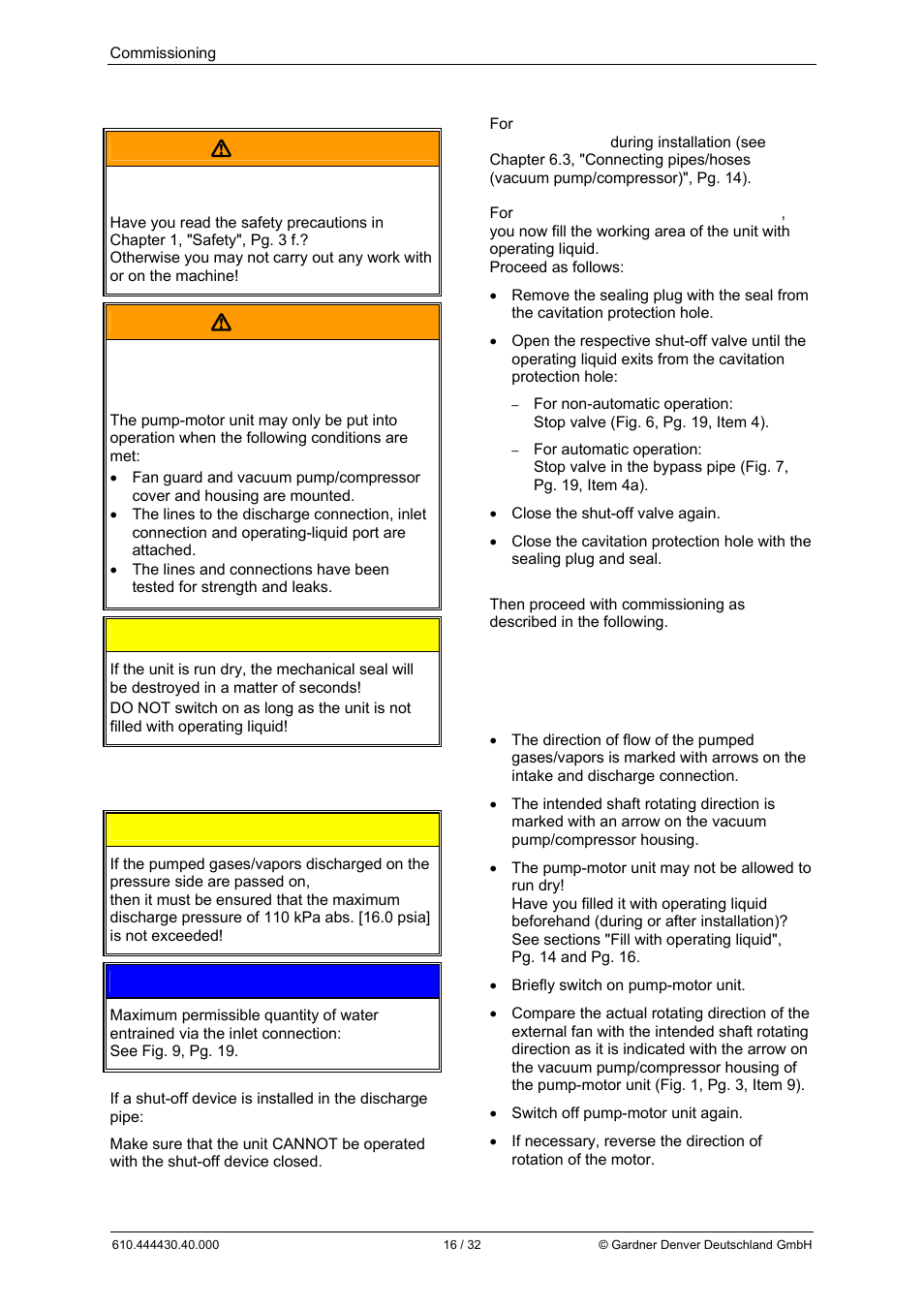 7 commissioning  warning, Warning, Caution | Notice | Elmo Rietschle L-BV3 User Manual | Page 16 / 32