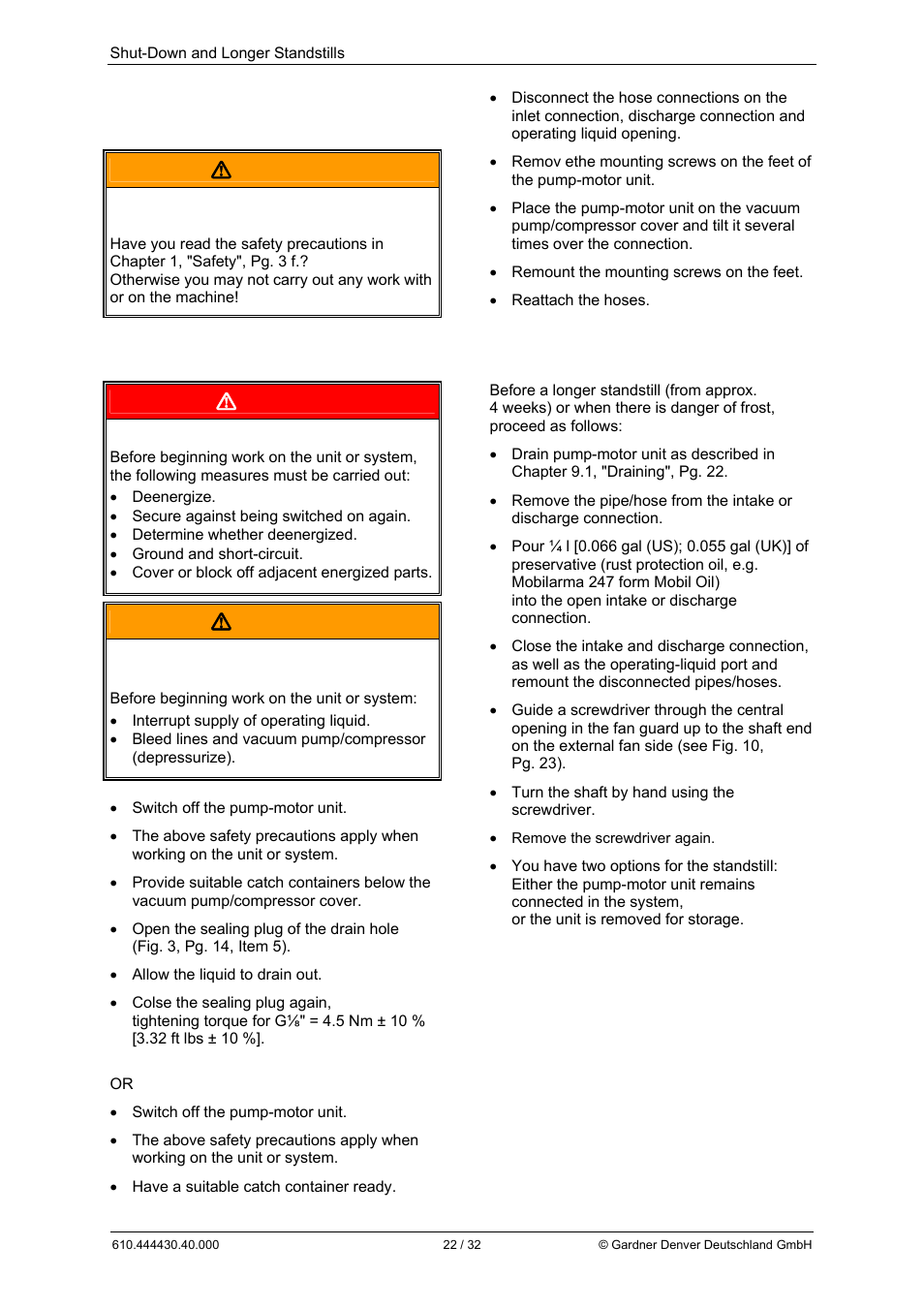 9shut-down and longer standstills  warning, Danger, Warning | Elmo Rietschle L-BV3 User Manual | Page 22 / 32