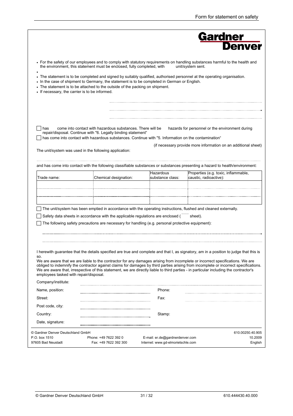 Form for statement on safety | Elmo Rietschle L-BV3 User Manual | Page 31 / 32