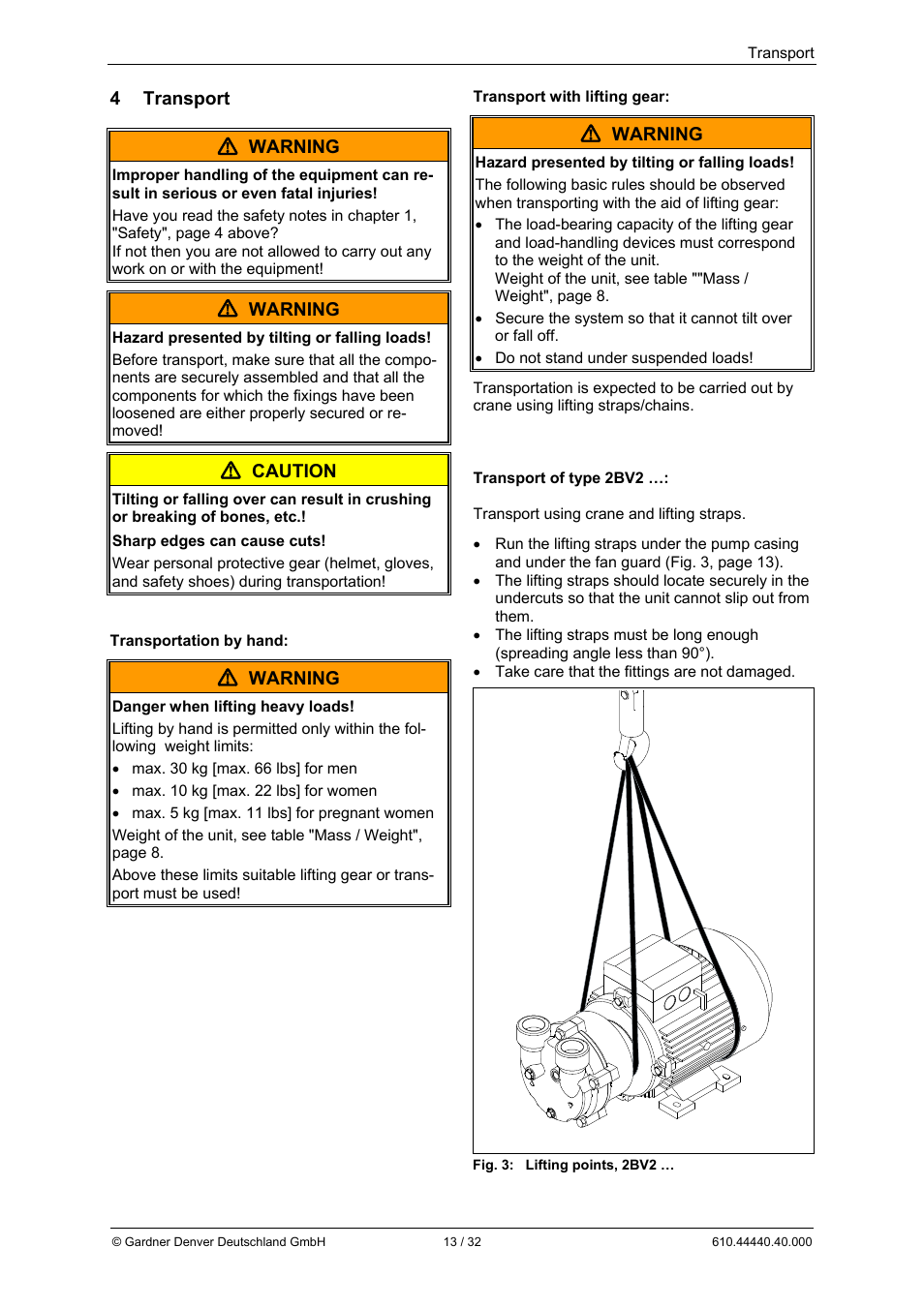 4 transport  warning, Warning, Caution | Elmo Rietschle L-BV5 Operating instructions User Manual | Page 13 / 32