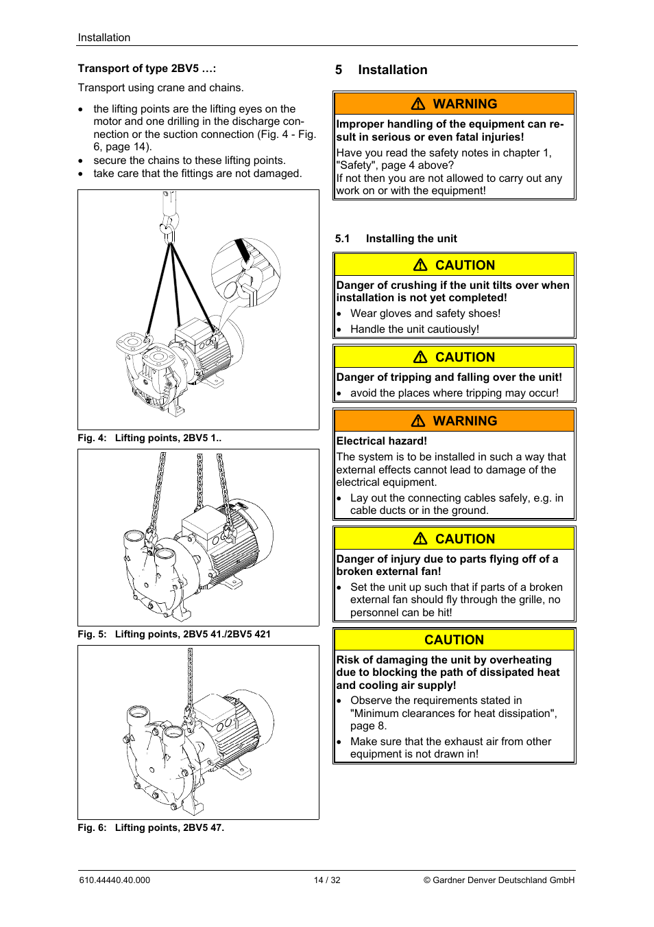 5 installation  warning, Caution, Warning | Elmo Rietschle L-BV5 Operating instructions User Manual | Page 14 / 32
