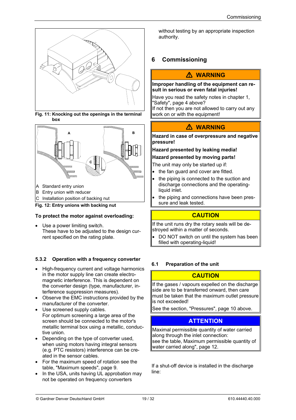 6 commissioning  warning, Warning, Caution | Attention | Elmo Rietschle L-BV5 Operating instructions User Manual | Page 19 / 32