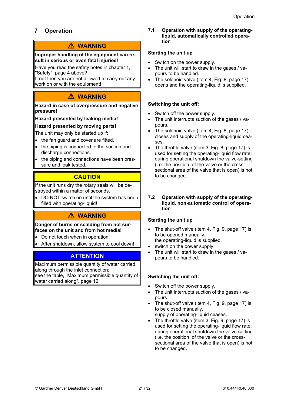 7 operation  warning, Warning, Caution | Attention | Elmo Rietschle L-BV5 Operating instructions User Manual | Page 21 / 32