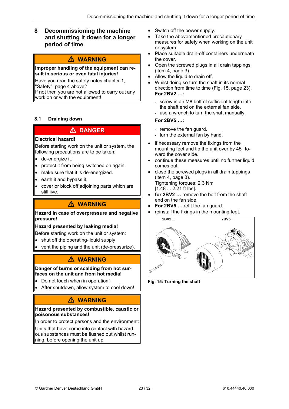 Danger, Warning | Elmo Rietschle L-BV5 Operating instructions User Manual | Page 23 / 32