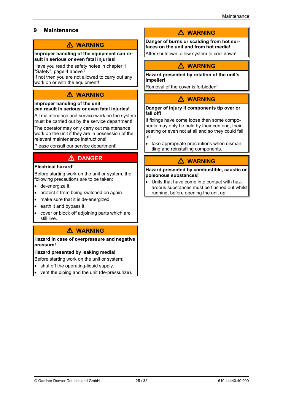 9 maintenance  warning, Warning, Danger | Elmo Rietschle L-BV5 Operating instructions User Manual | Page 25 / 32