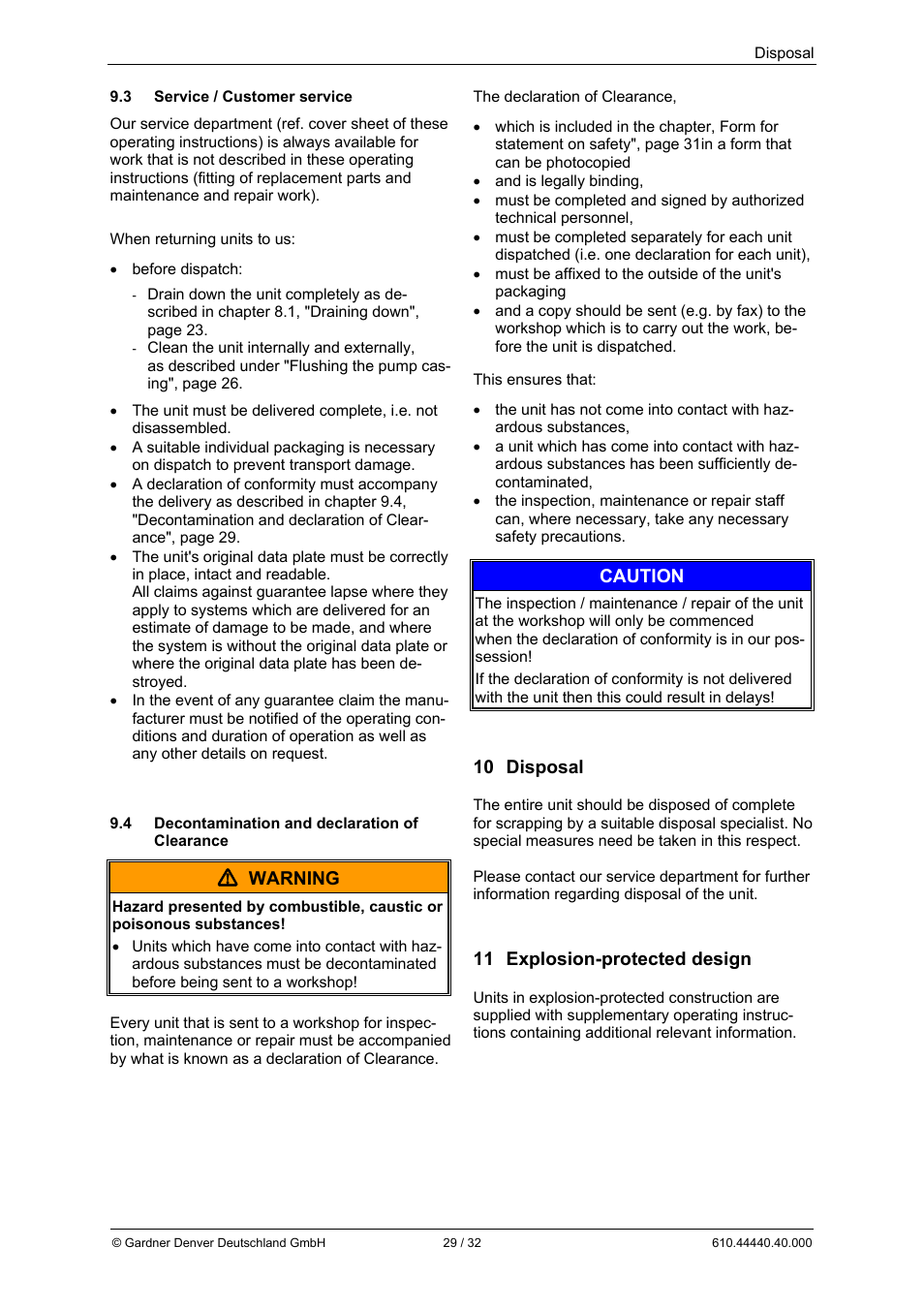 Warning, Caution, 10 disposal | 11 explosion-protected design | Elmo Rietschle L-BV5 Operating instructions User Manual | Page 29 / 32